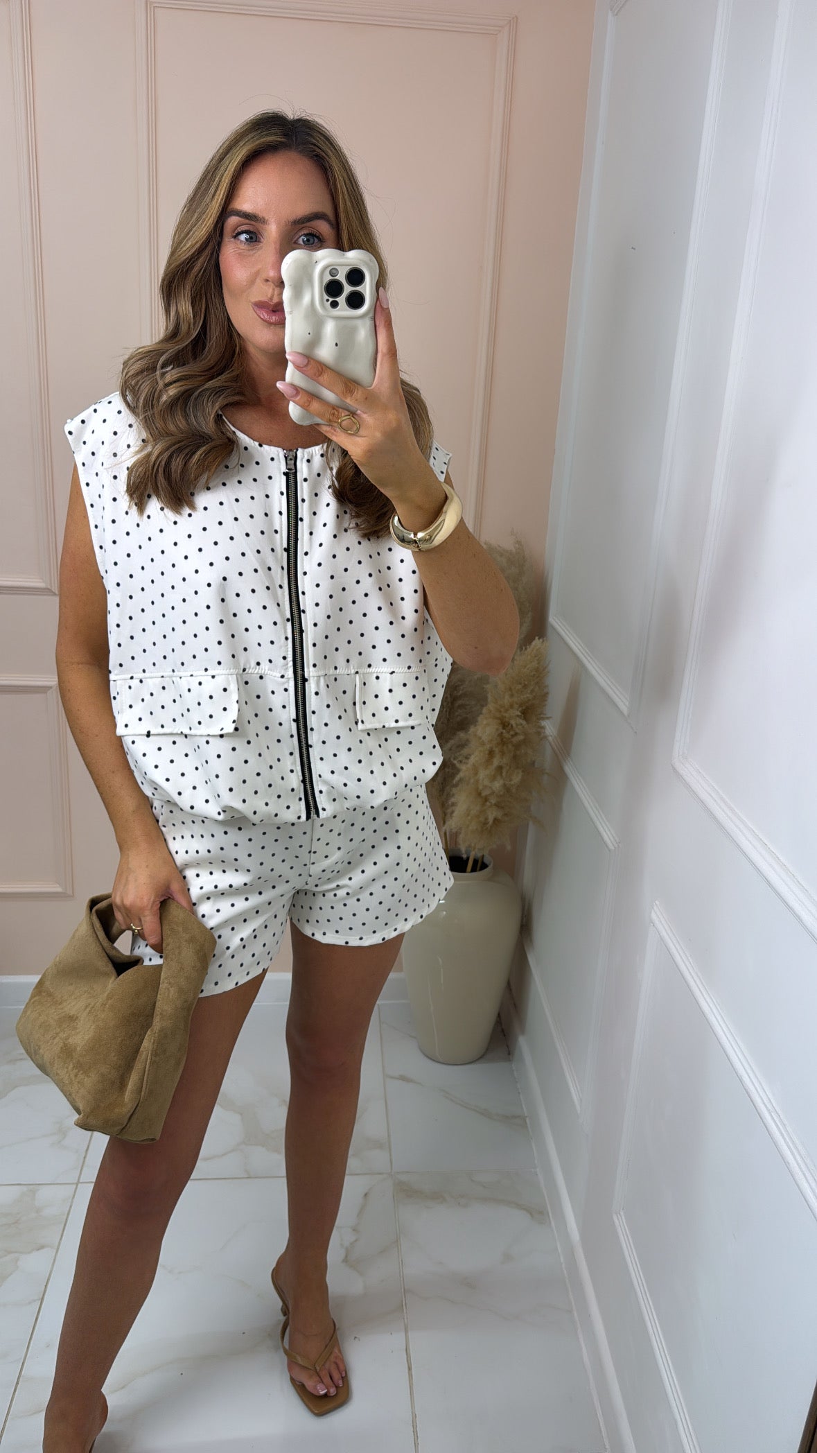 BEKI white polka dot zip short set