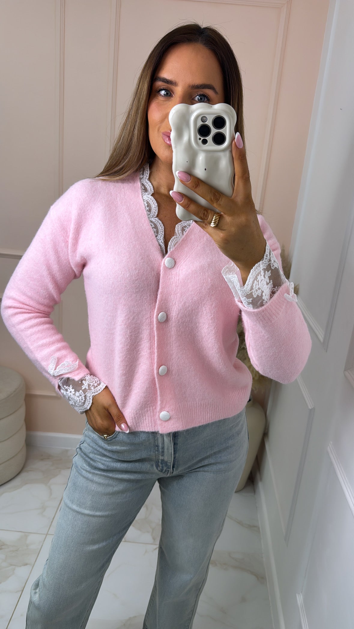 PENELOPE pink lace trim fluffy cardigan