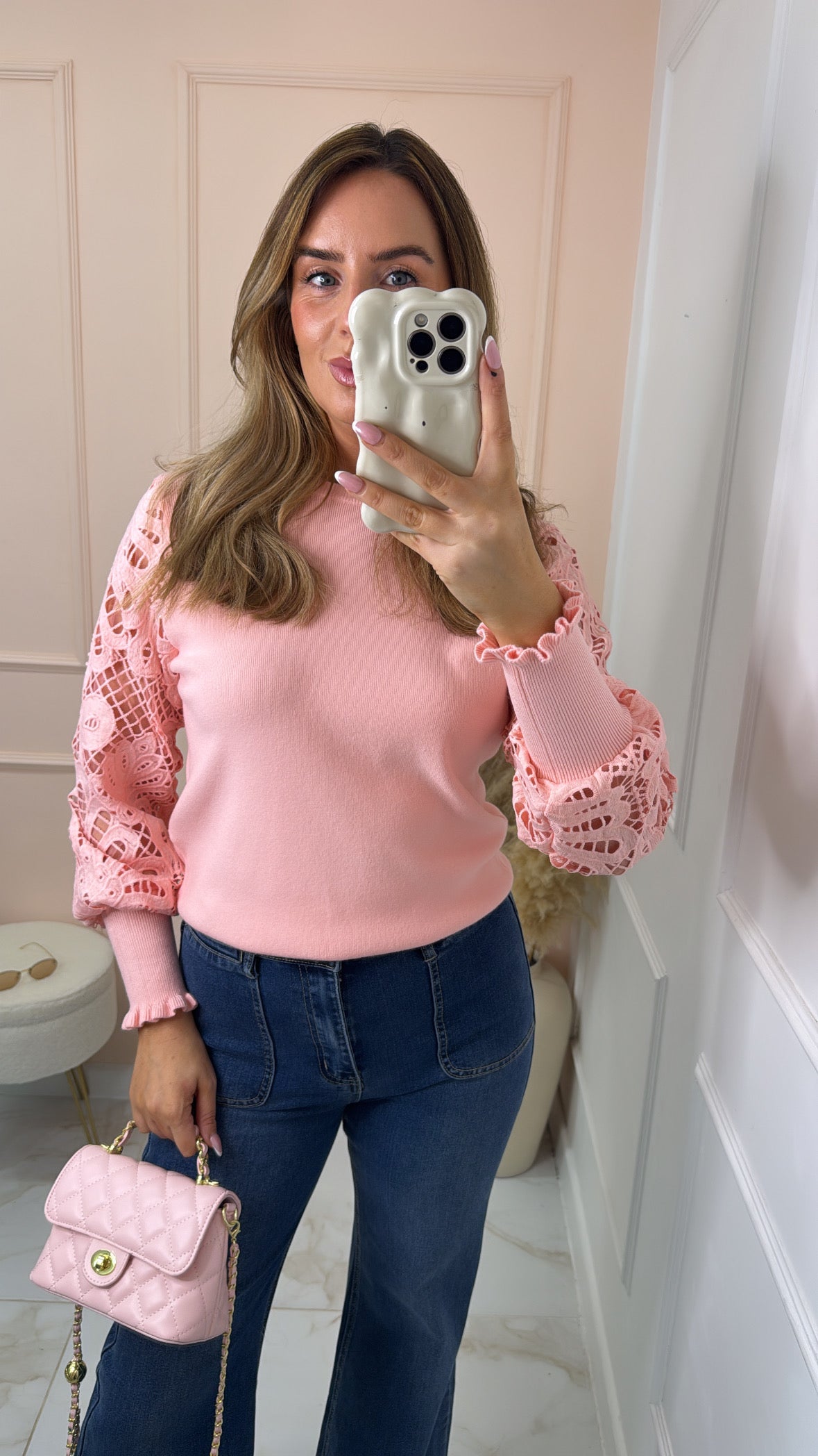 SIAN pink crochet sleeve jumper