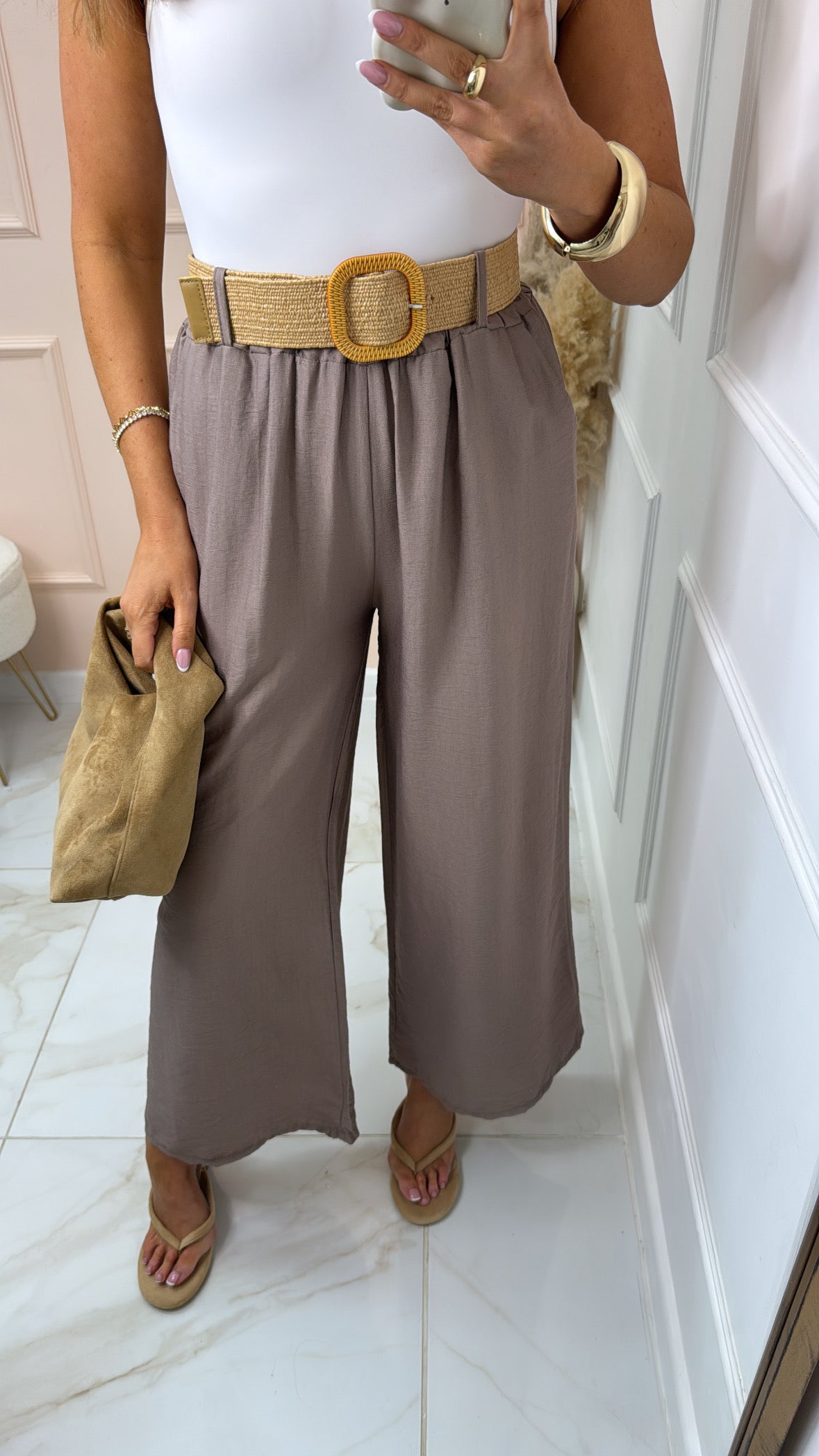 BELLE taupe chiffon trouser with woven belt
