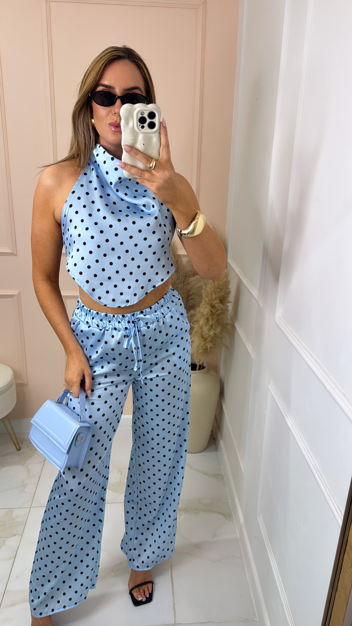 TALIA blue polka dot halter neck trouser set