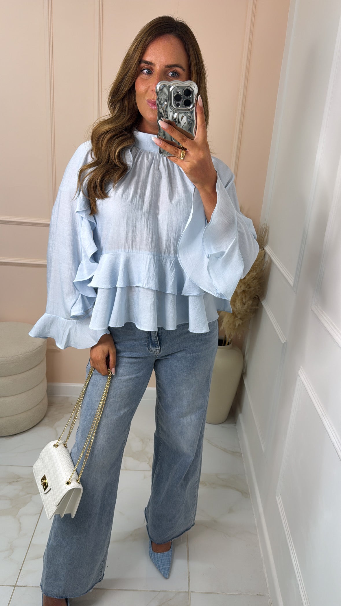 HARPER blue high neck ruffle blouse