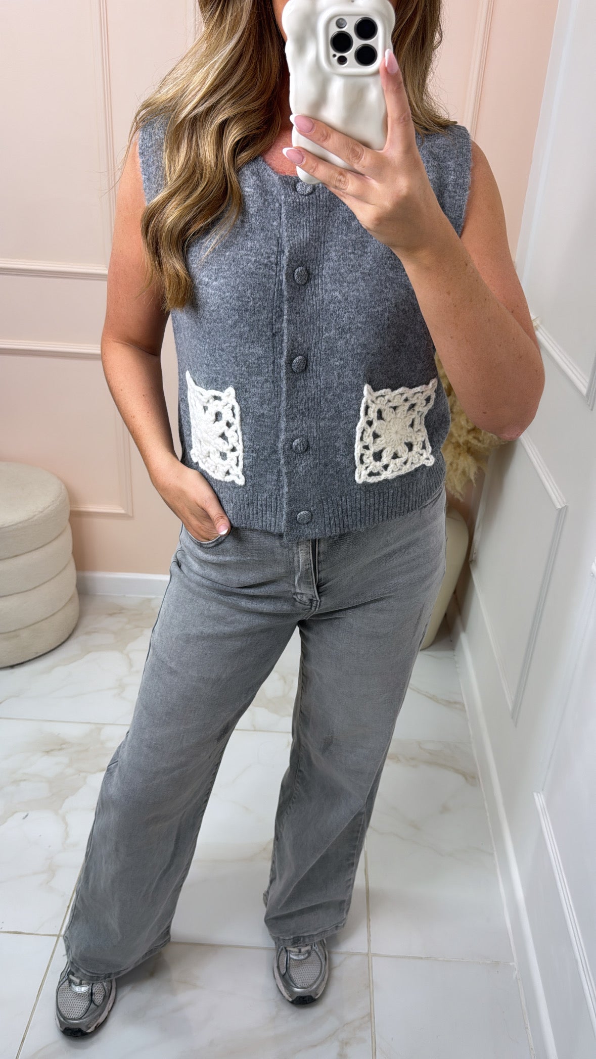 LAUREN grey crochet pocket knit tank top