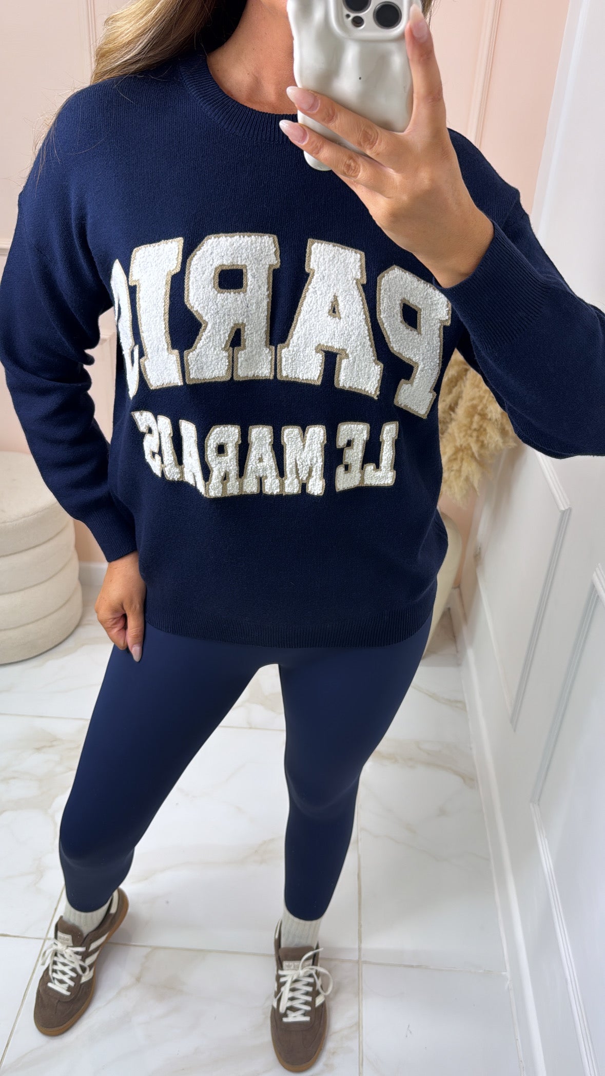 PARIS navy teddy effect embroidered knit sweater