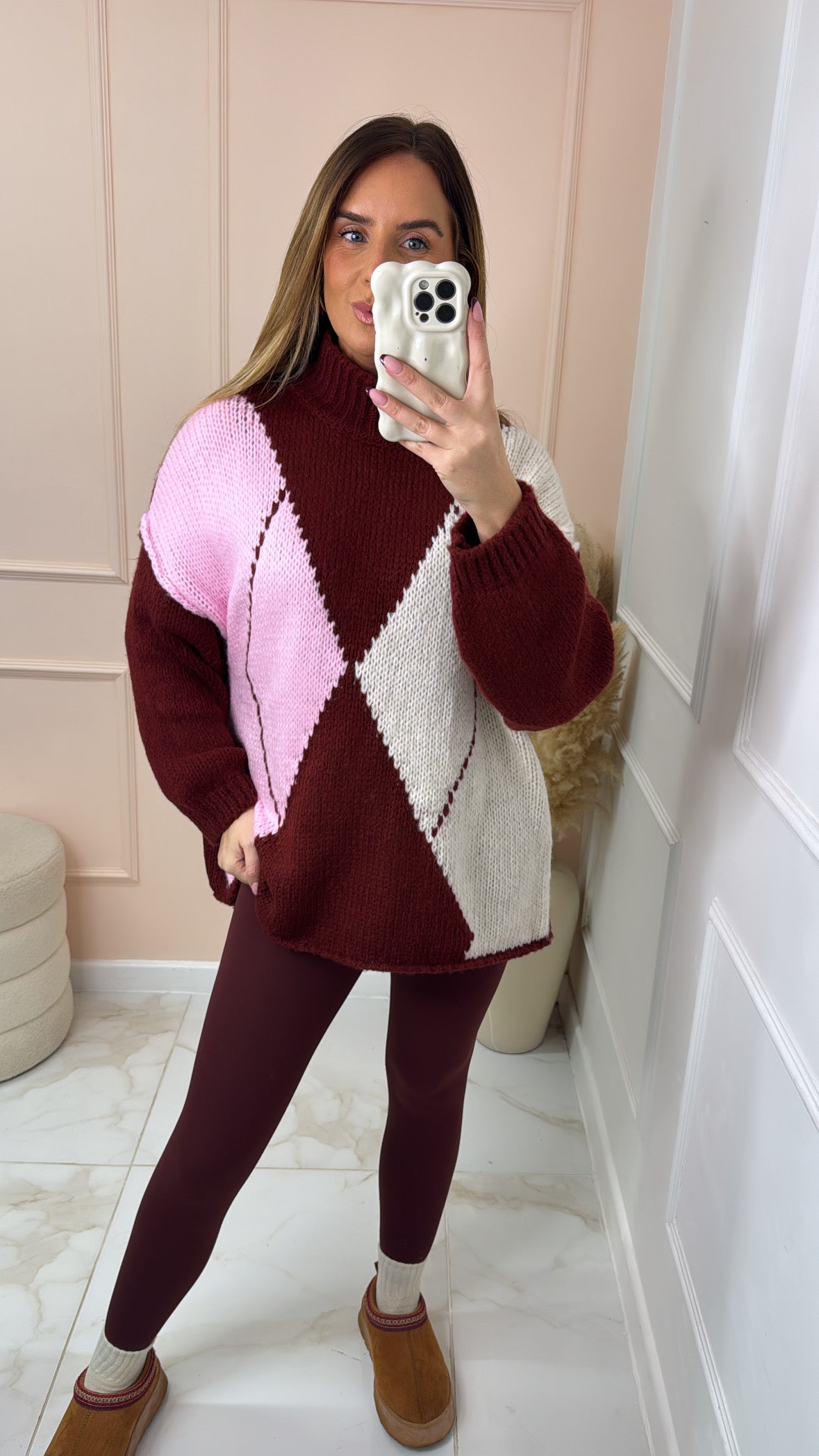 POPPY burgundy and pink argyle knit jumper
