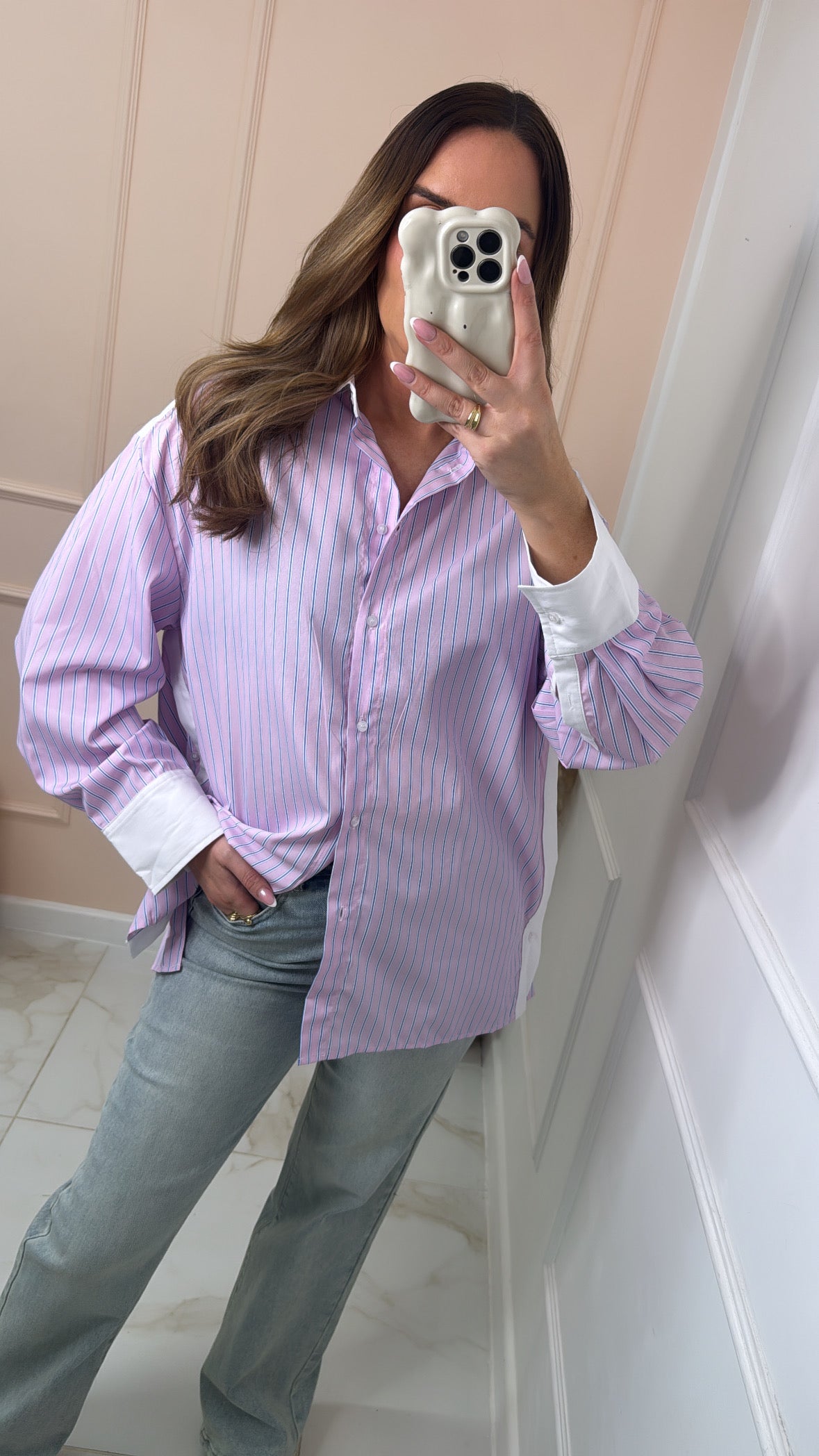 CELINE pink pinstripe contrast detail shirt