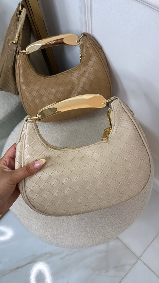 LULA beige woven gold grab bag