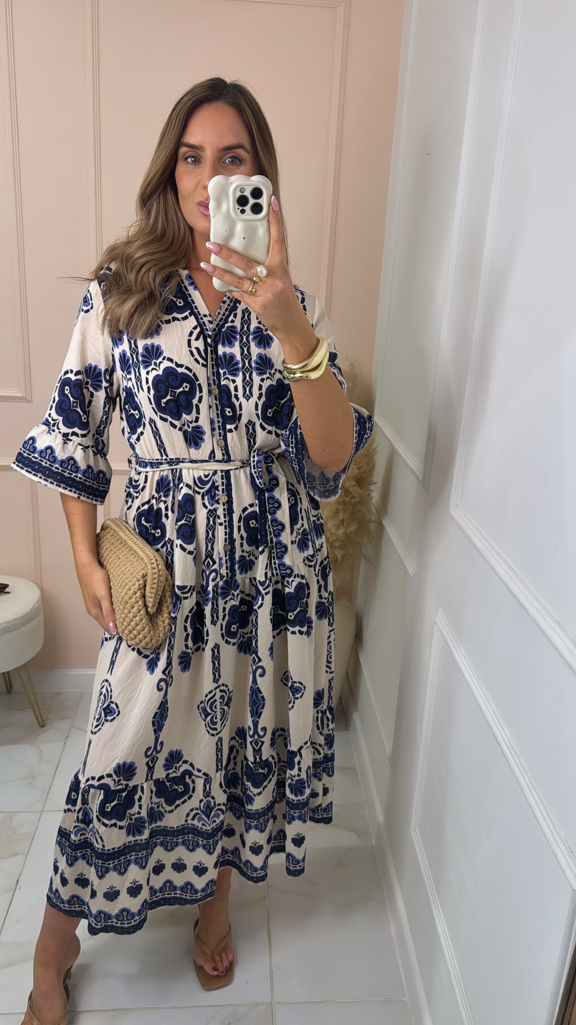 AVA blue printed frill sleeve summer dress