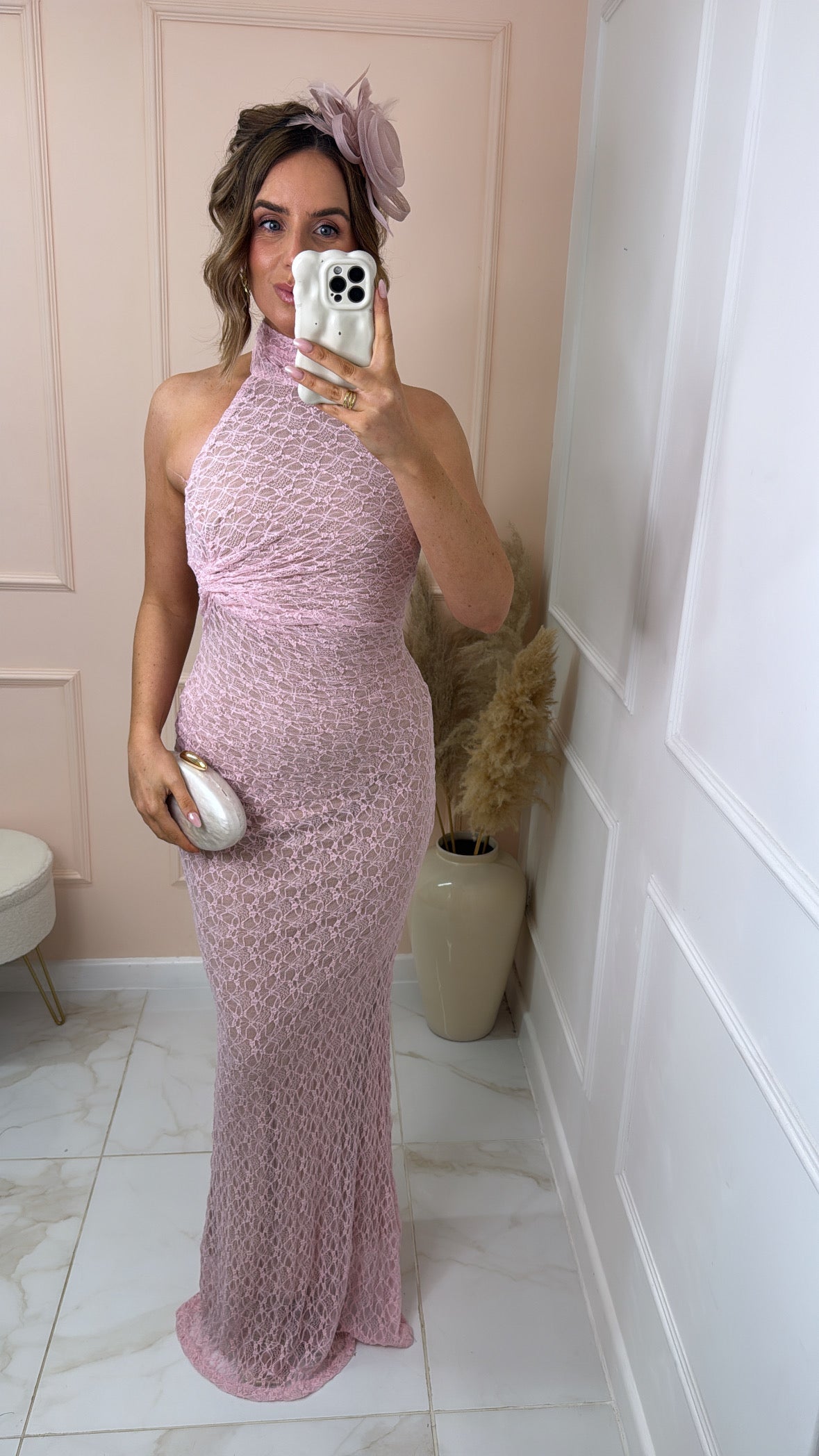 ALBA pink lace halter maxi dress