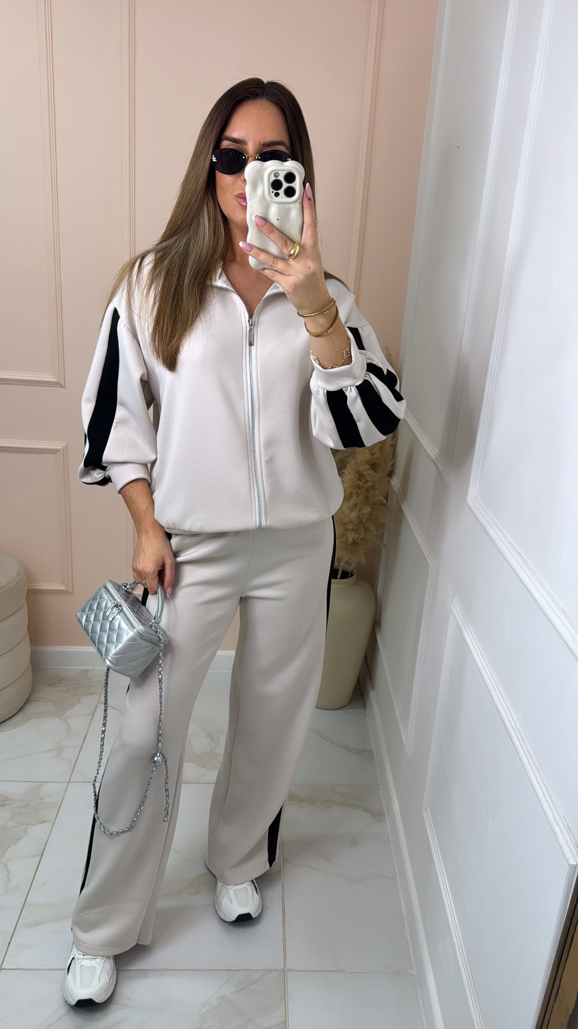 CONNIE stone funnel neck side stripe tracksuit