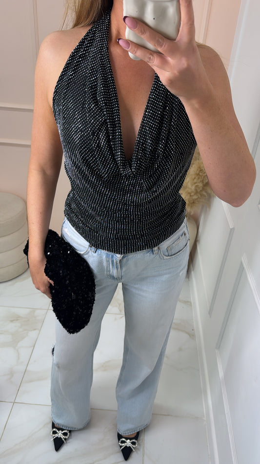 ROSA black embellished halter neck top
