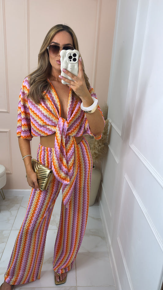 GEORGIA pink orange crochet tie front trouser set