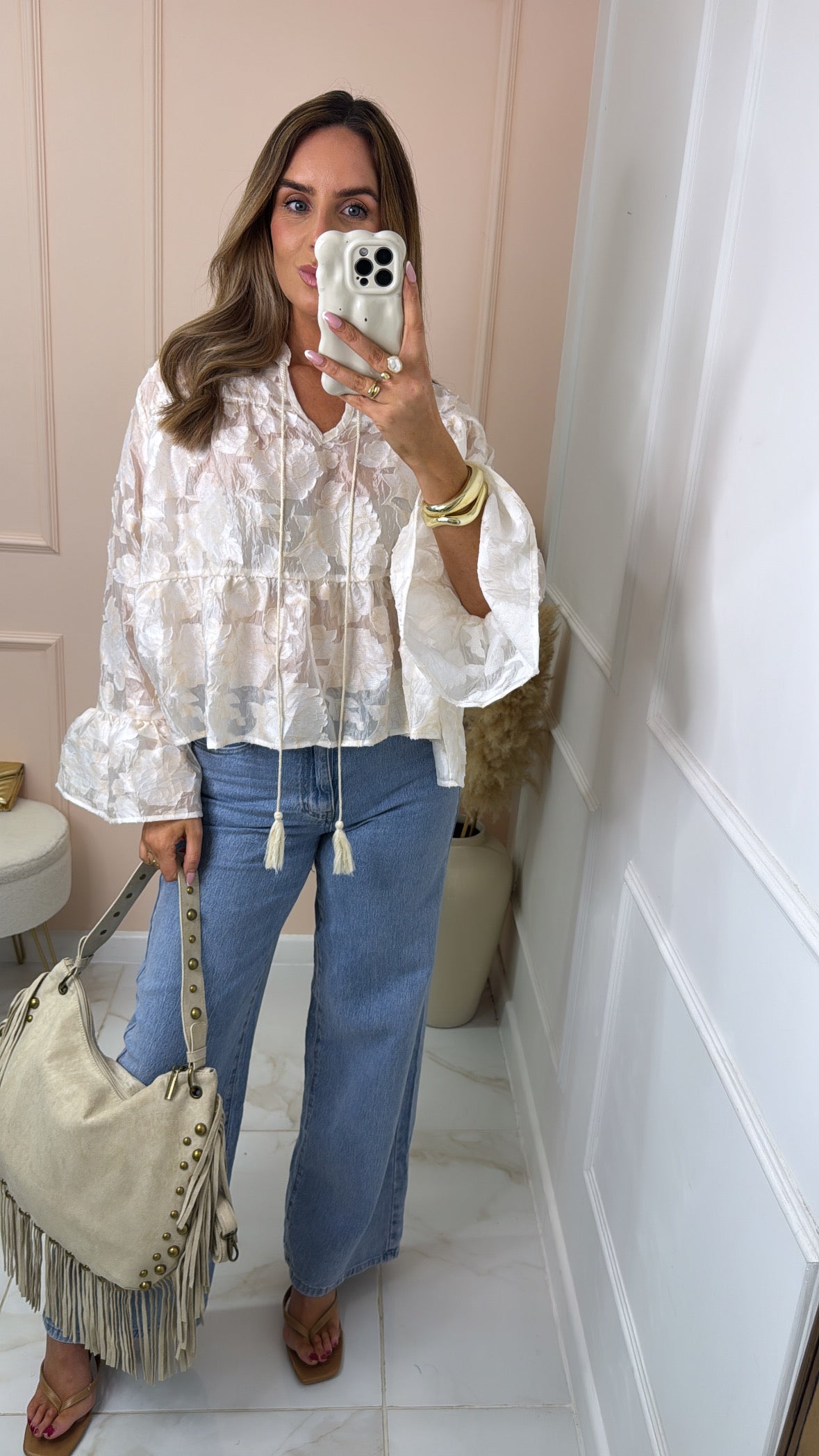 HARPER cream textured frill cuff blouse