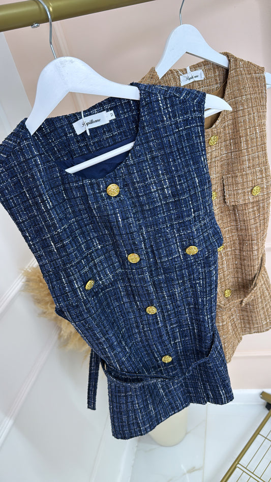 ANGEL navy tweed belted waistcoat