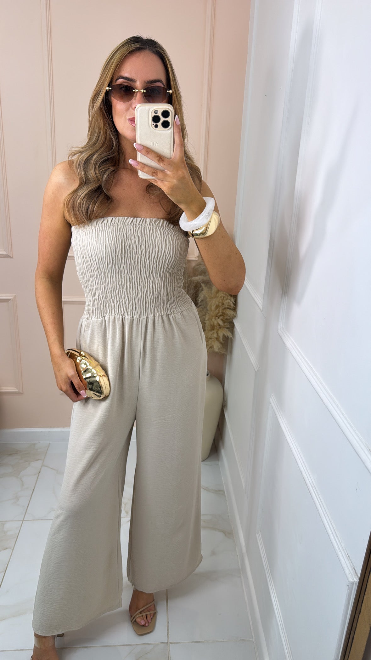 LIBBY beige shirred floaty bandeau jumpsuit