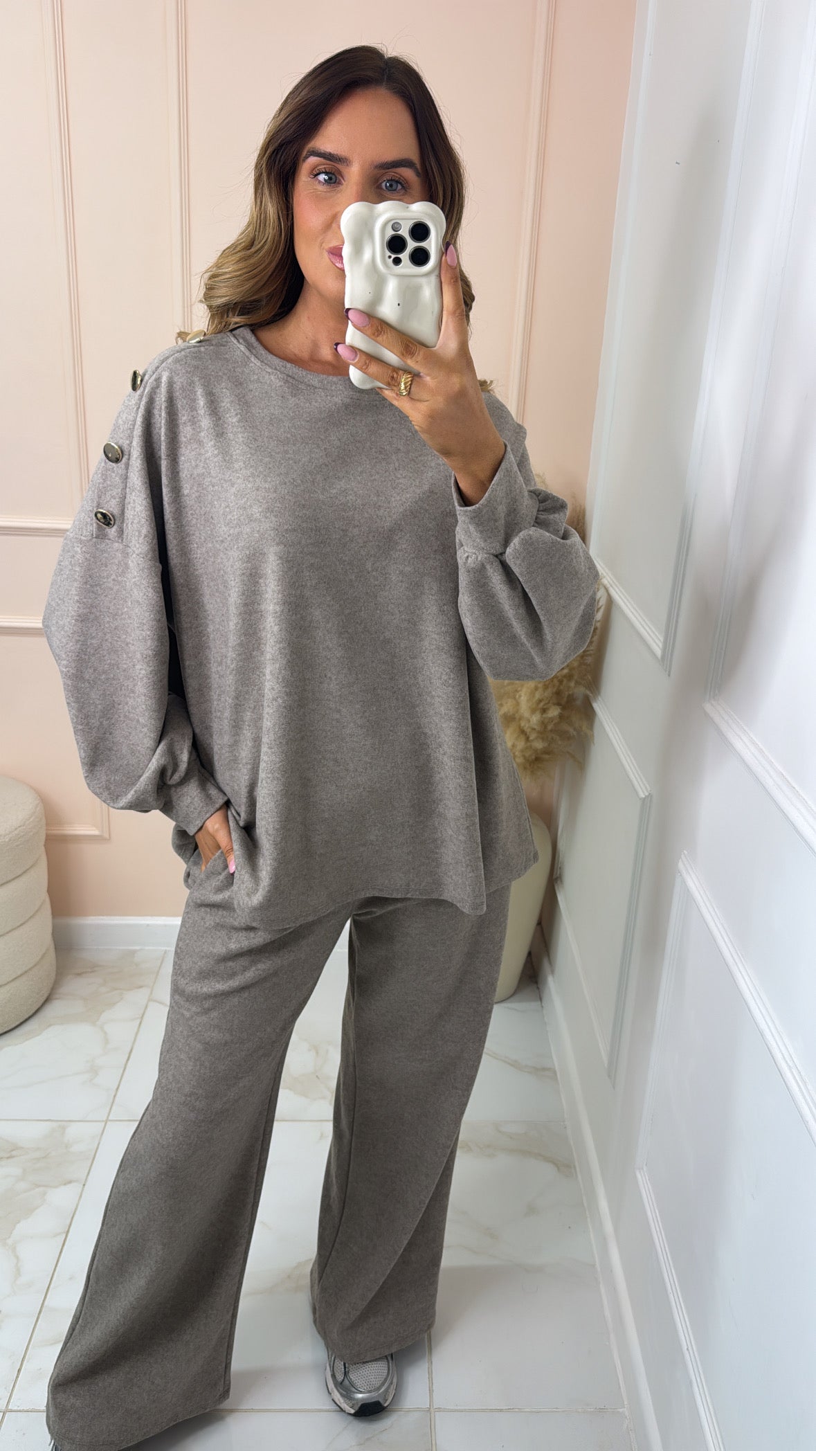 PENNY taupe gold button detail lounge set