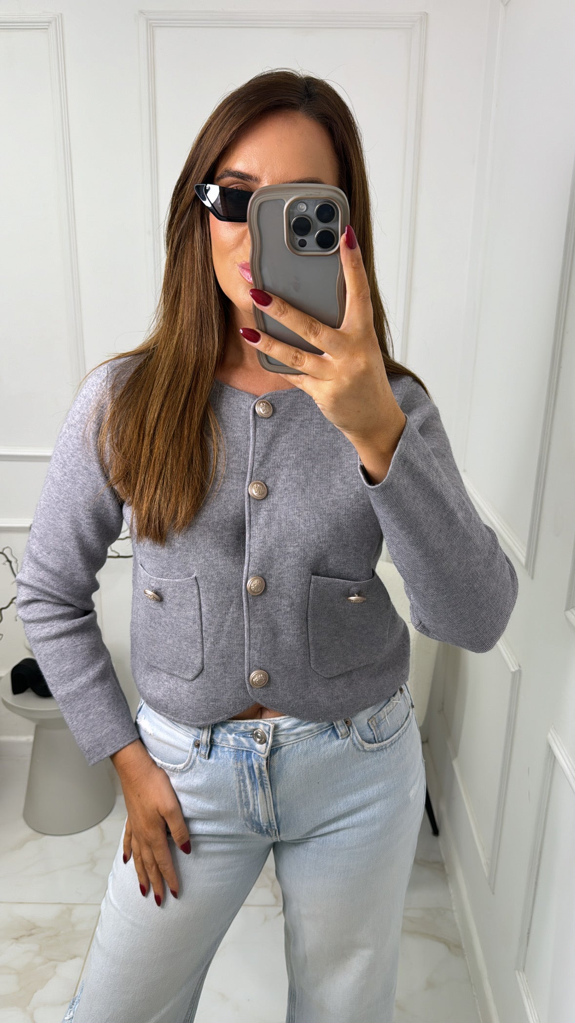 ISLA grey gold button cropped cardigan