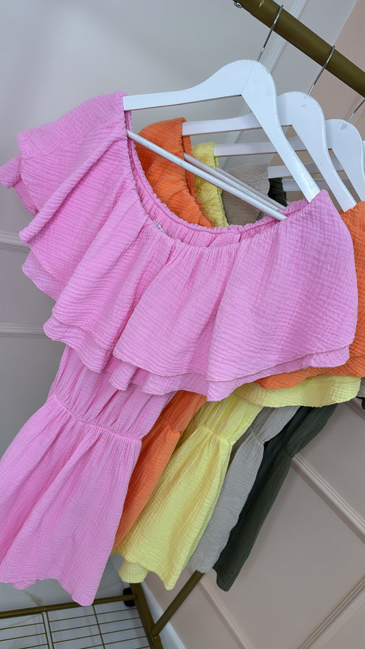 JAYDA pink bardot frill playsuit