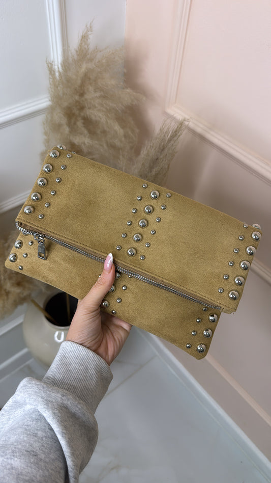 LEXIE tan suede studded clutch bag