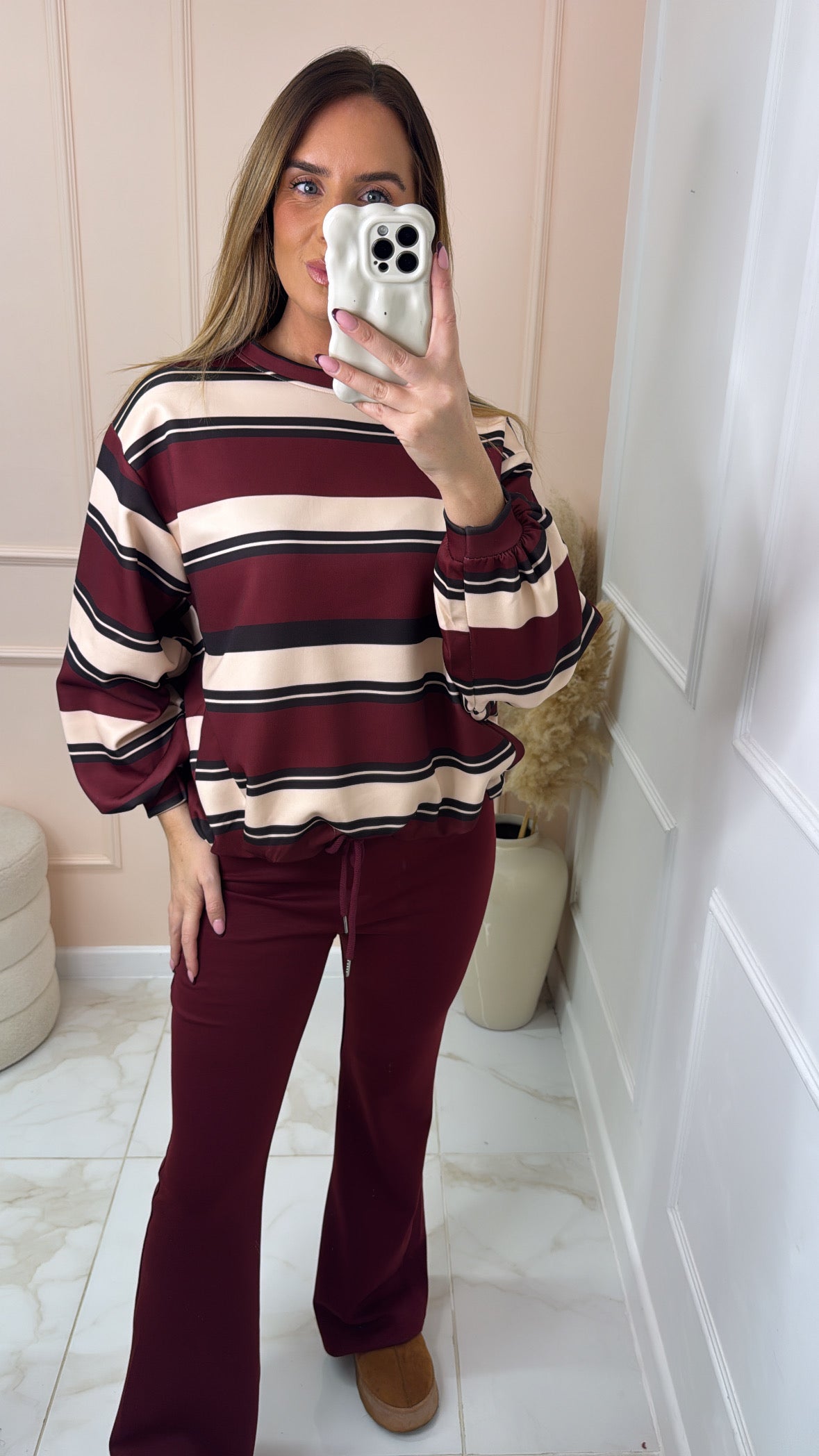 ALEX burgundy striped top lounge set