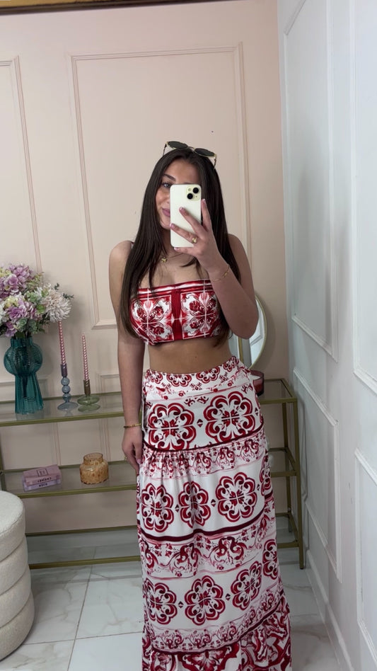 CASSIE red cropped maxi skirt co-ord