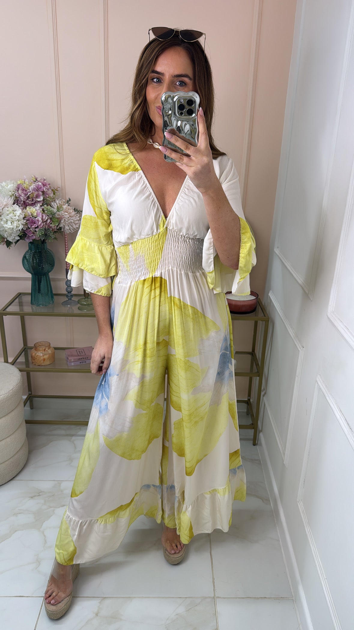 LACEY yellow floral frill sleeve jumpsuit