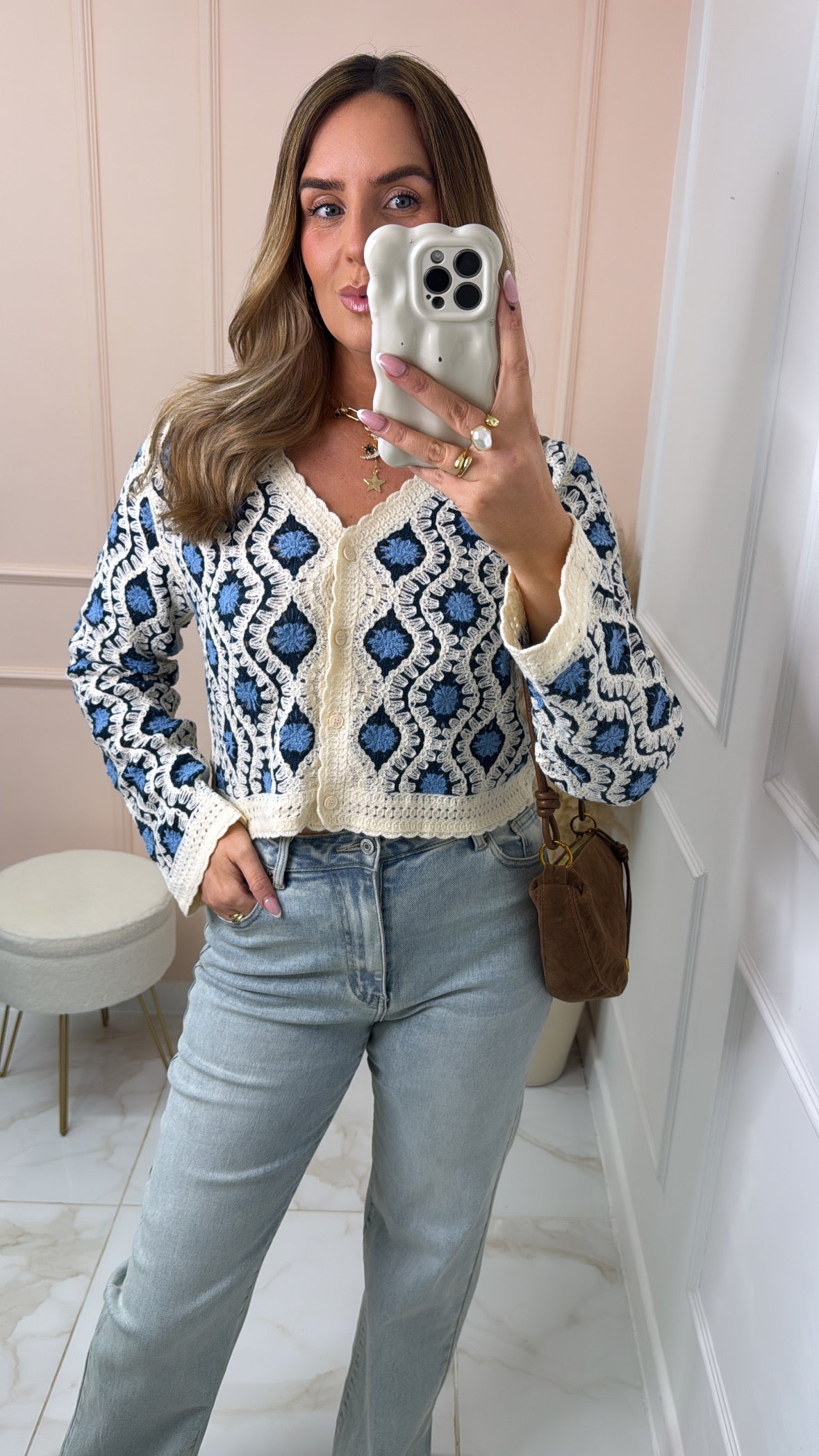 RAINE blue geo print crochet cardigan