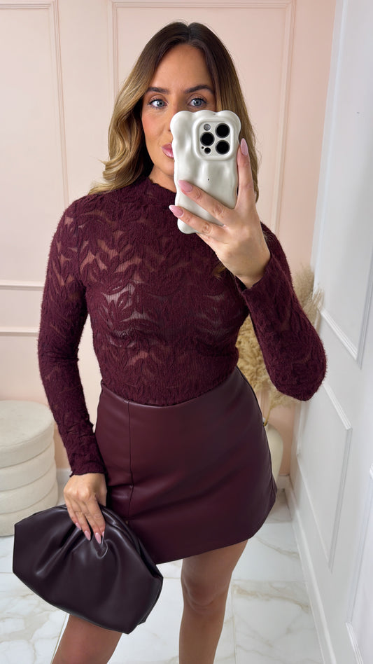 ROSE burgundy long sleeve lace top