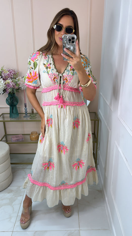 ELLA pink tassle embroidered maxi dress