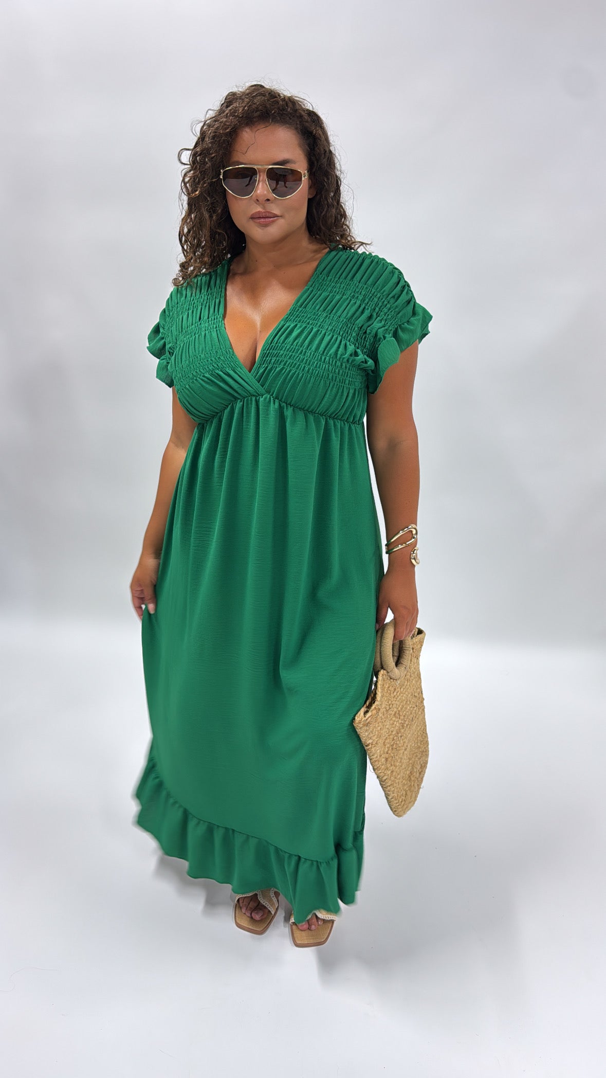 IMOGEN green frill sleeve maxi dress