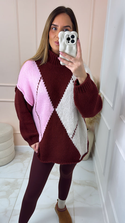 POPPY burgundy and pink argyle knit jumper