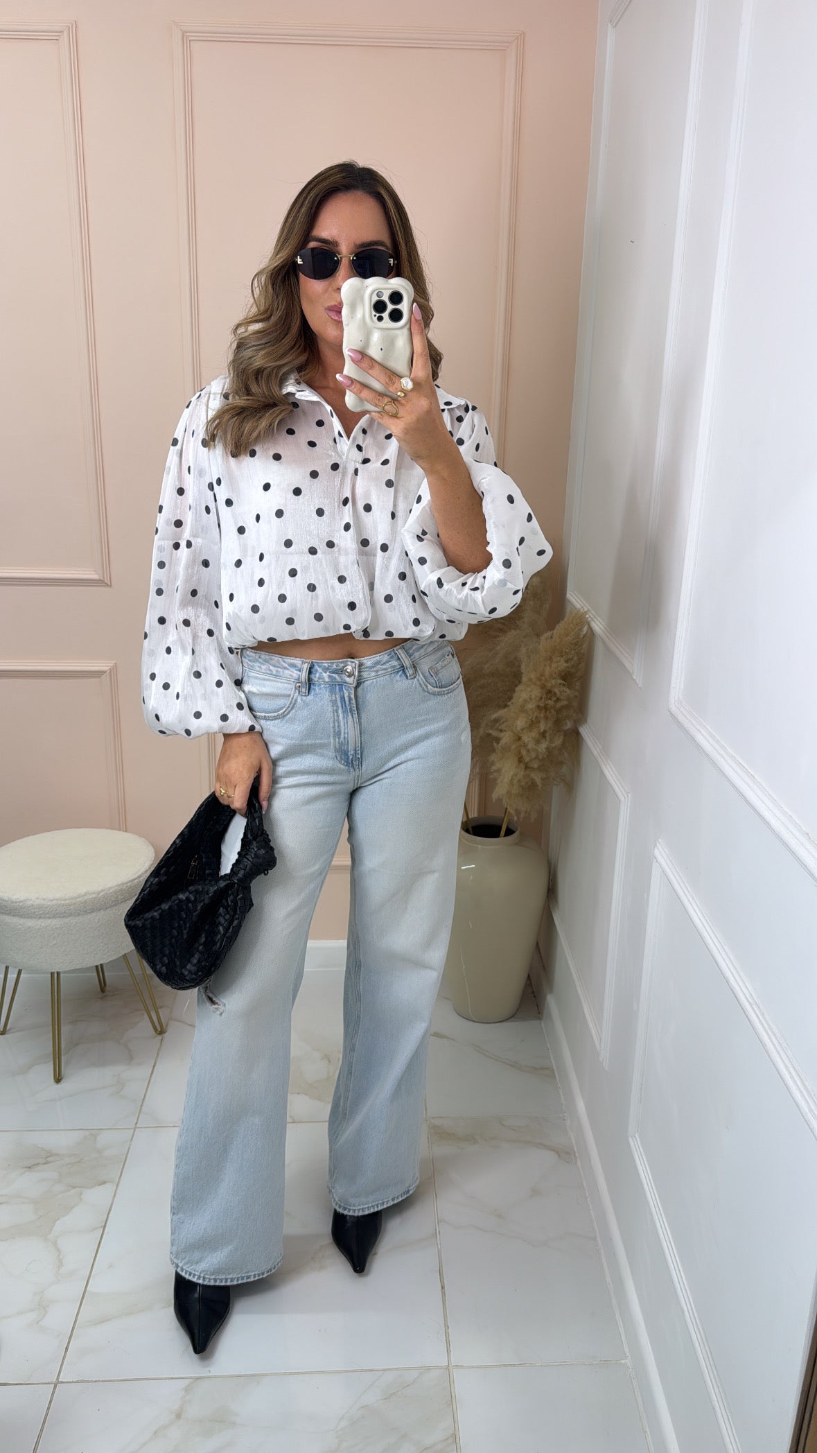 POPPY white polka dot bubble hem blouse