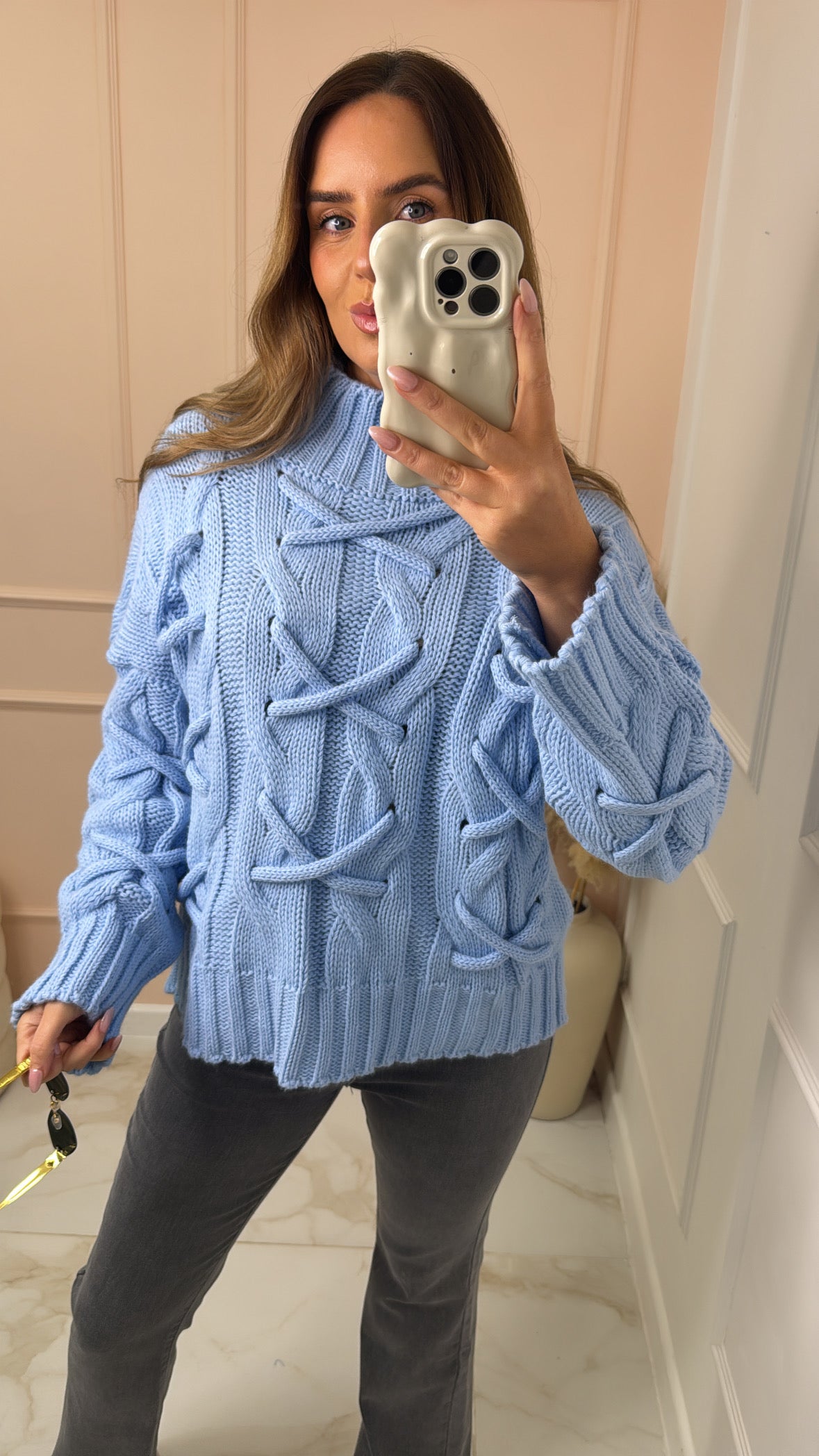 MEADOW blue crisscross cable knit jumper