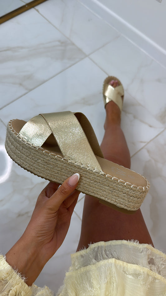 WILLOW gold cross platform sandals