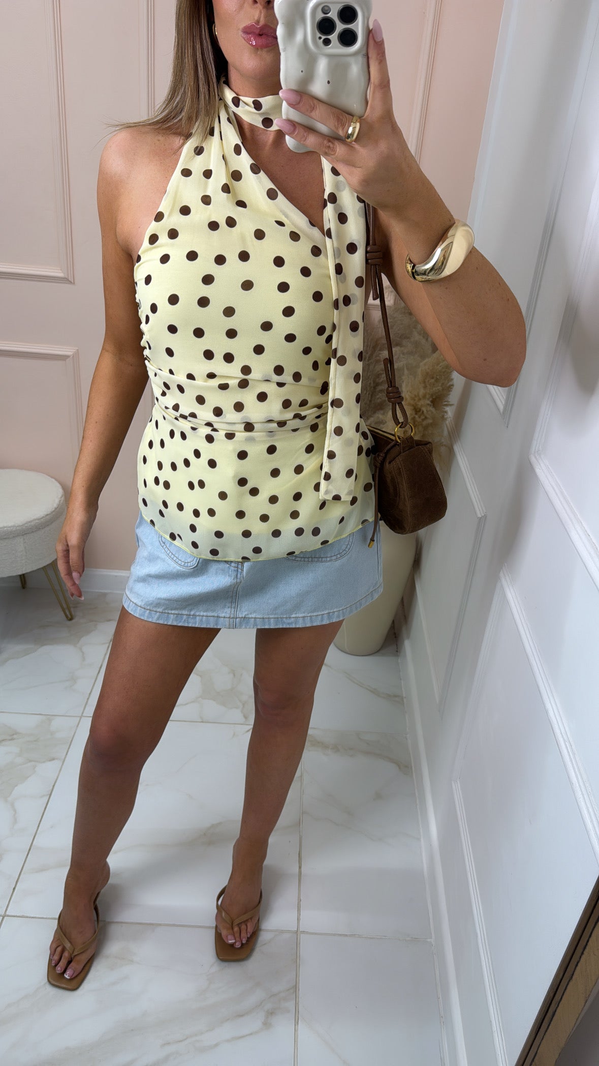 MABEL lemon brown polka dot halter neck top
