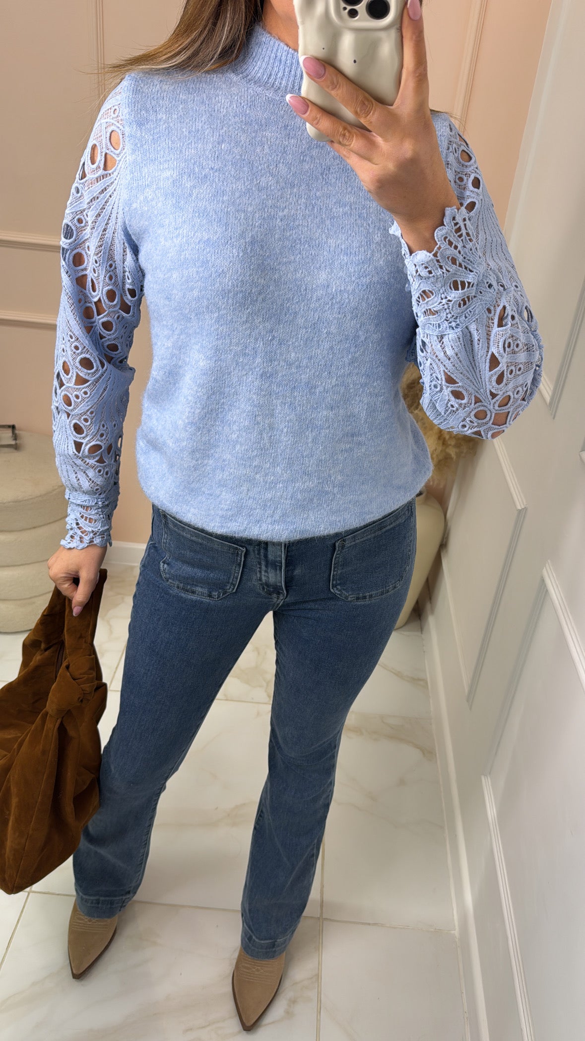ROBERTA blue crochet sleeve jumper