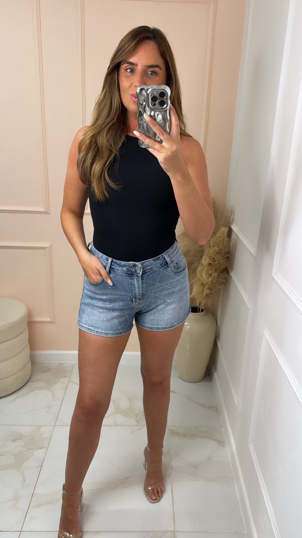 GIGI mid wash diamante denim shorts
