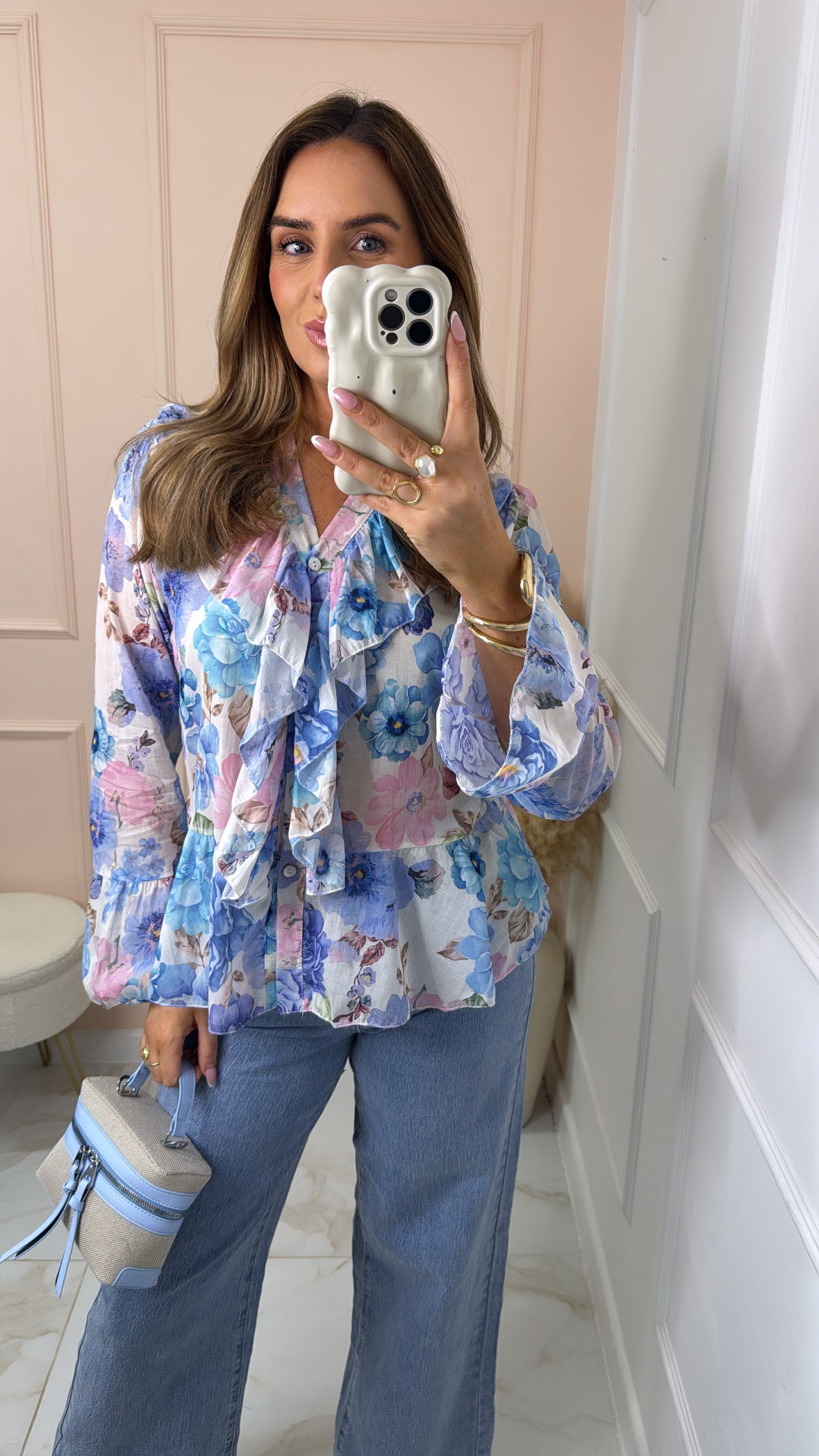 LYLA blue floral ruffle blouse