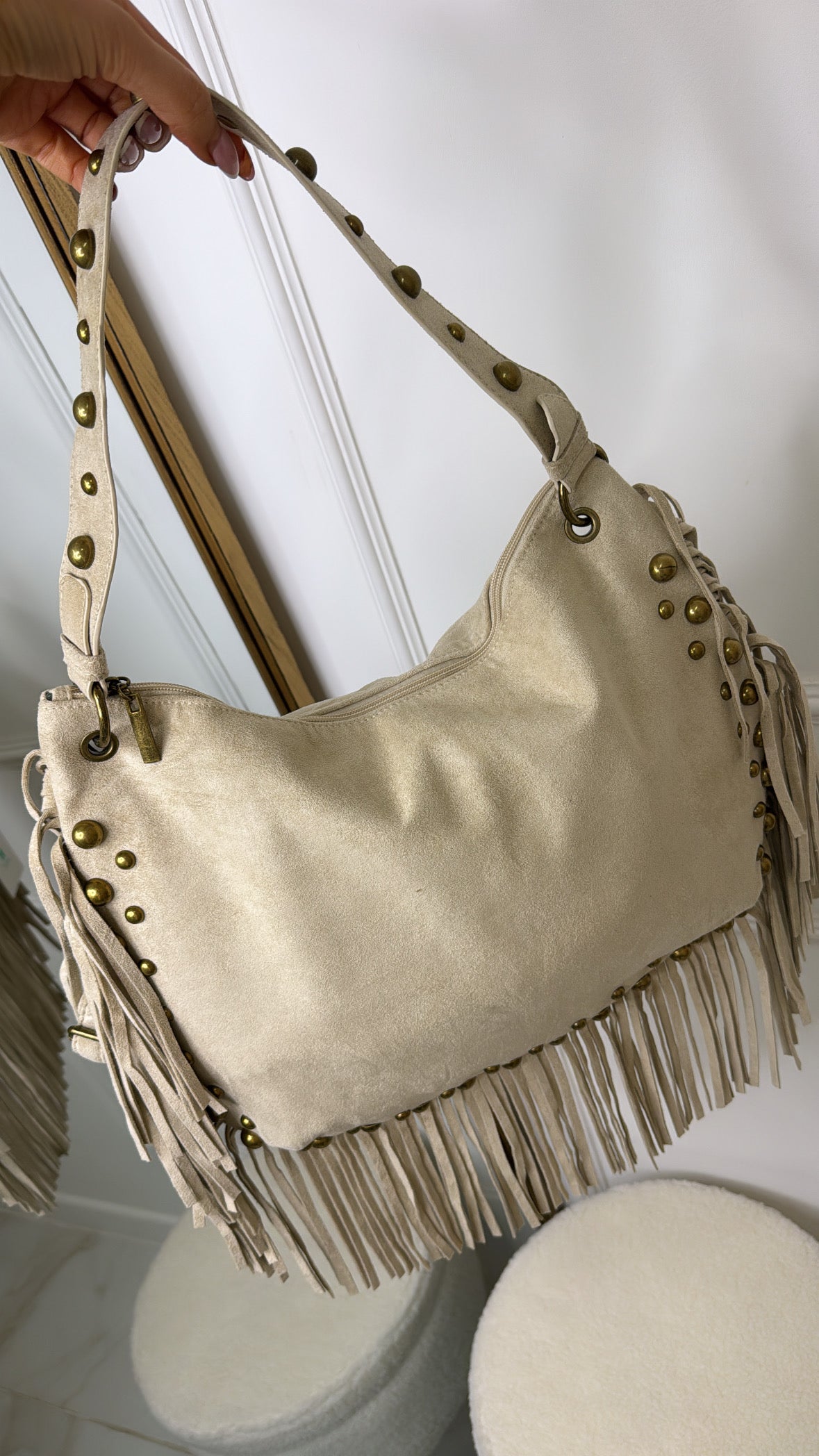 LULU stone studded fringe suede hobo bag