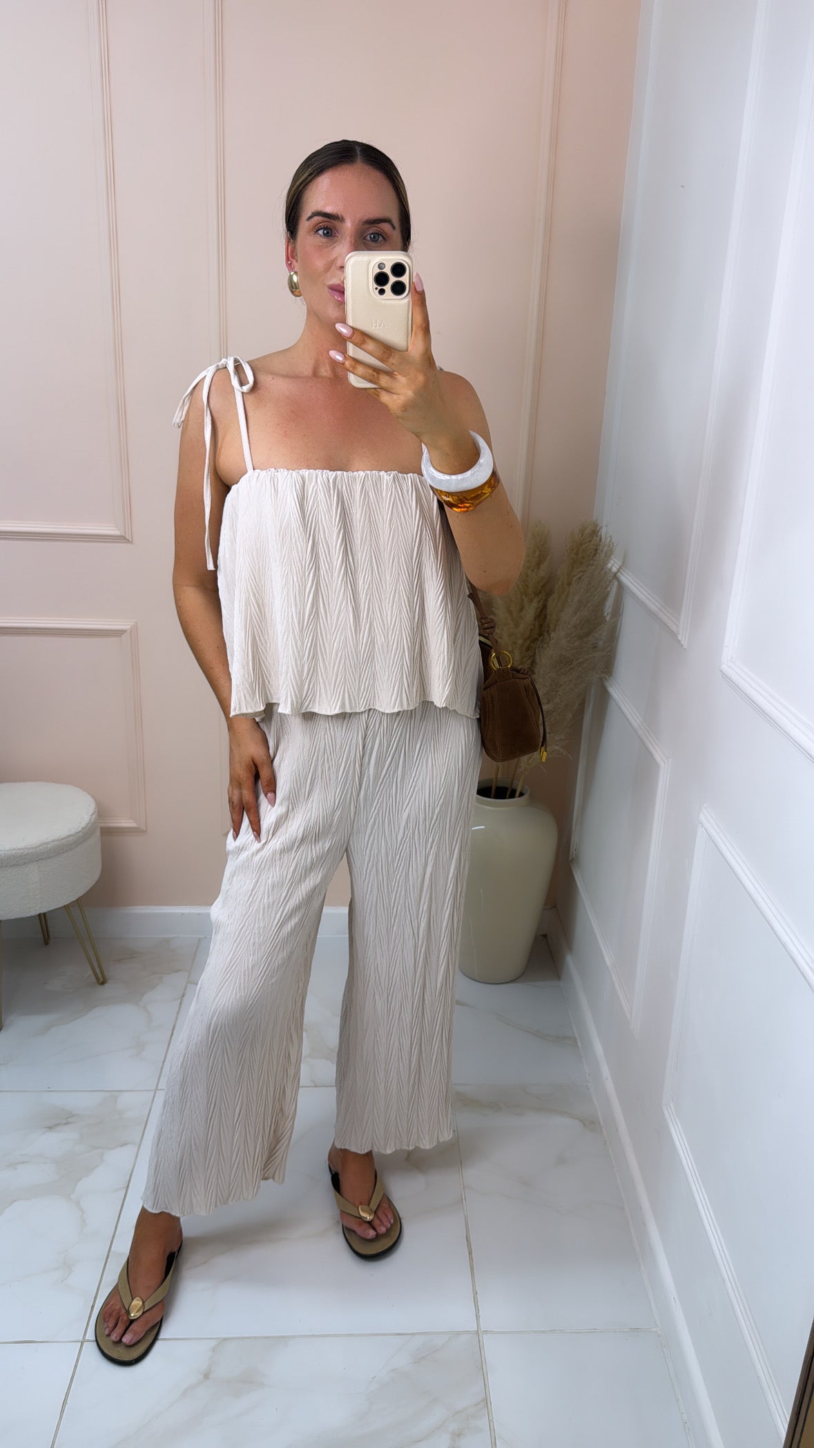 MAURA beige crinkle tie shoulder jumpsuit