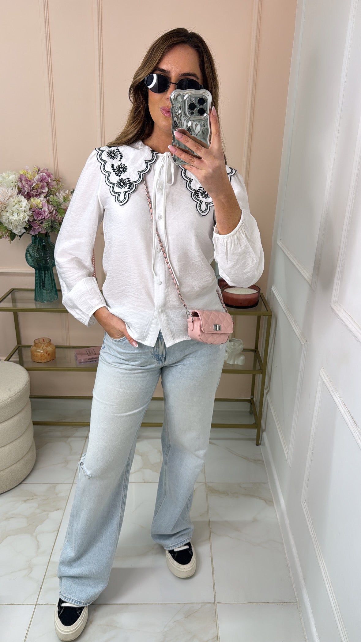 KEIRA white embroidered collar shirt