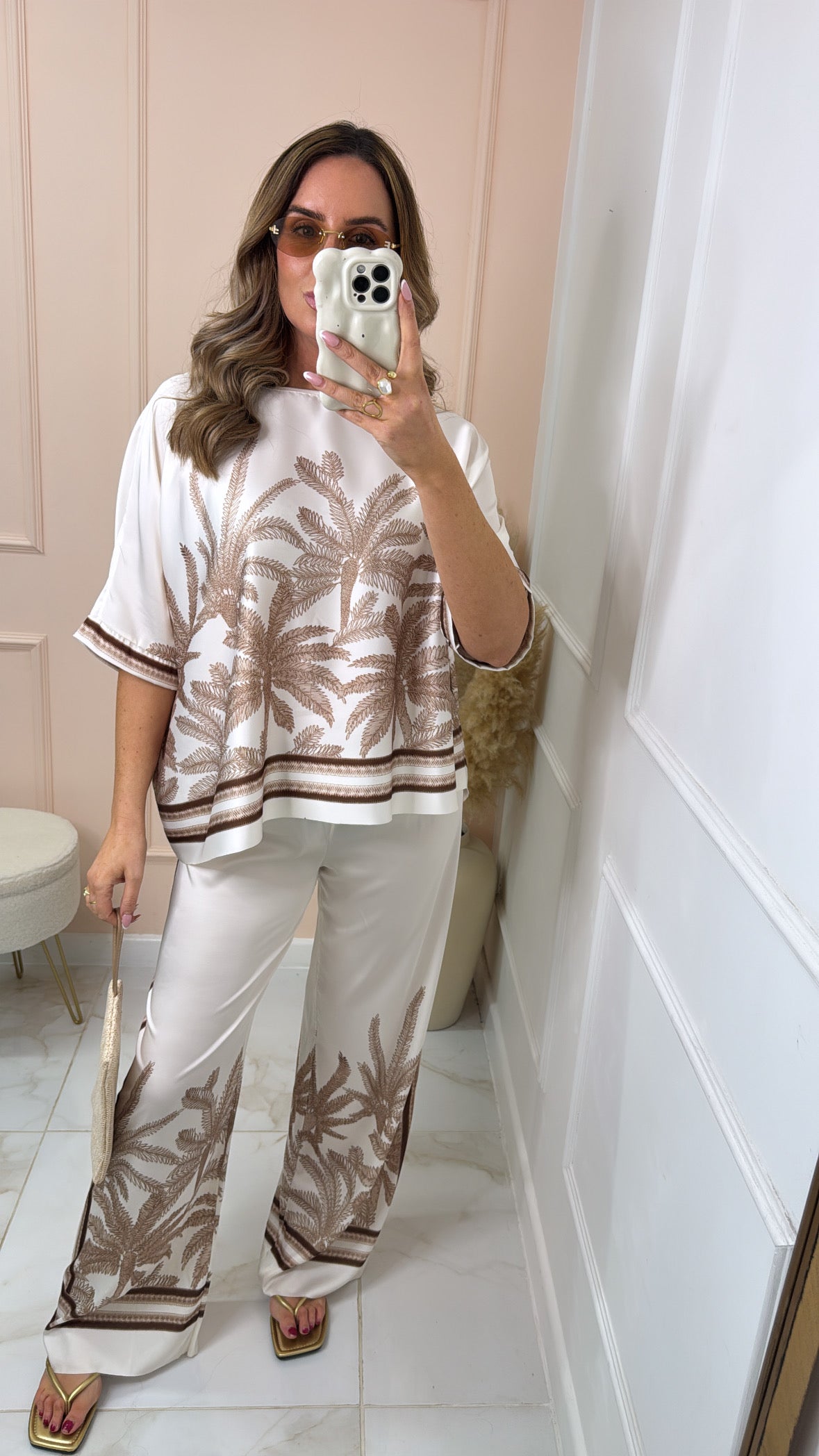 MILLIE beige palm print silky trouser set