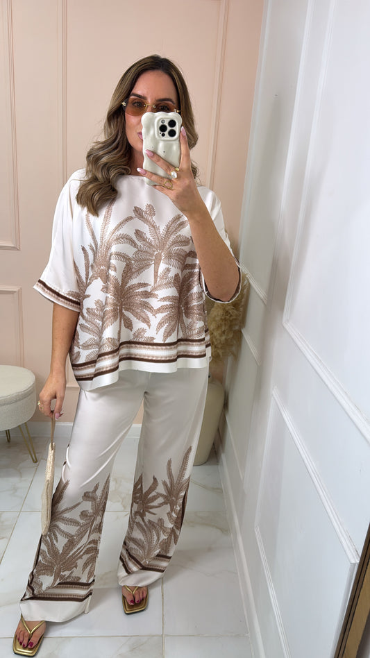 MILLIE beige palm print silky trouser set
