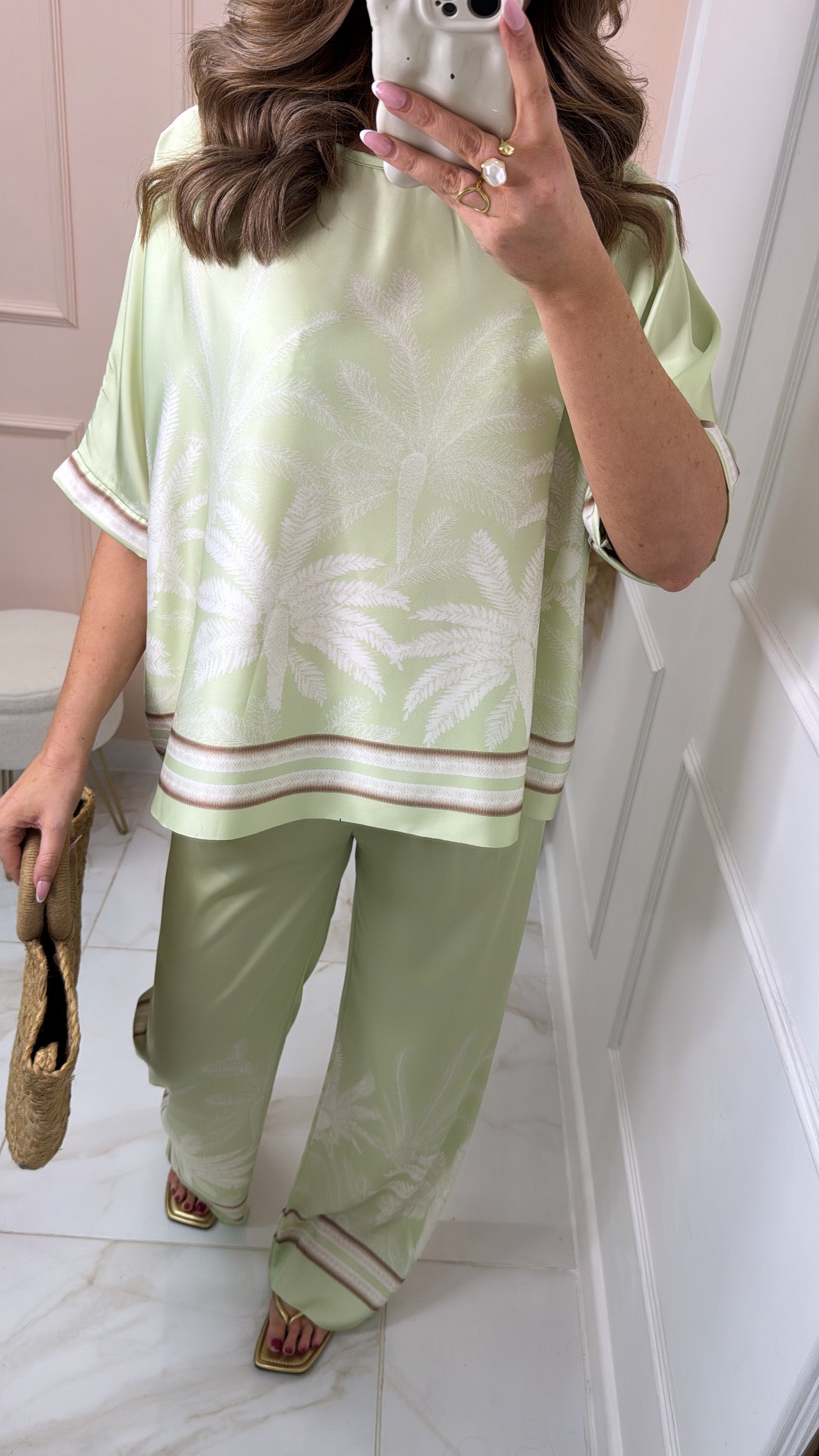 MILLIE mint palm print silky trouser set