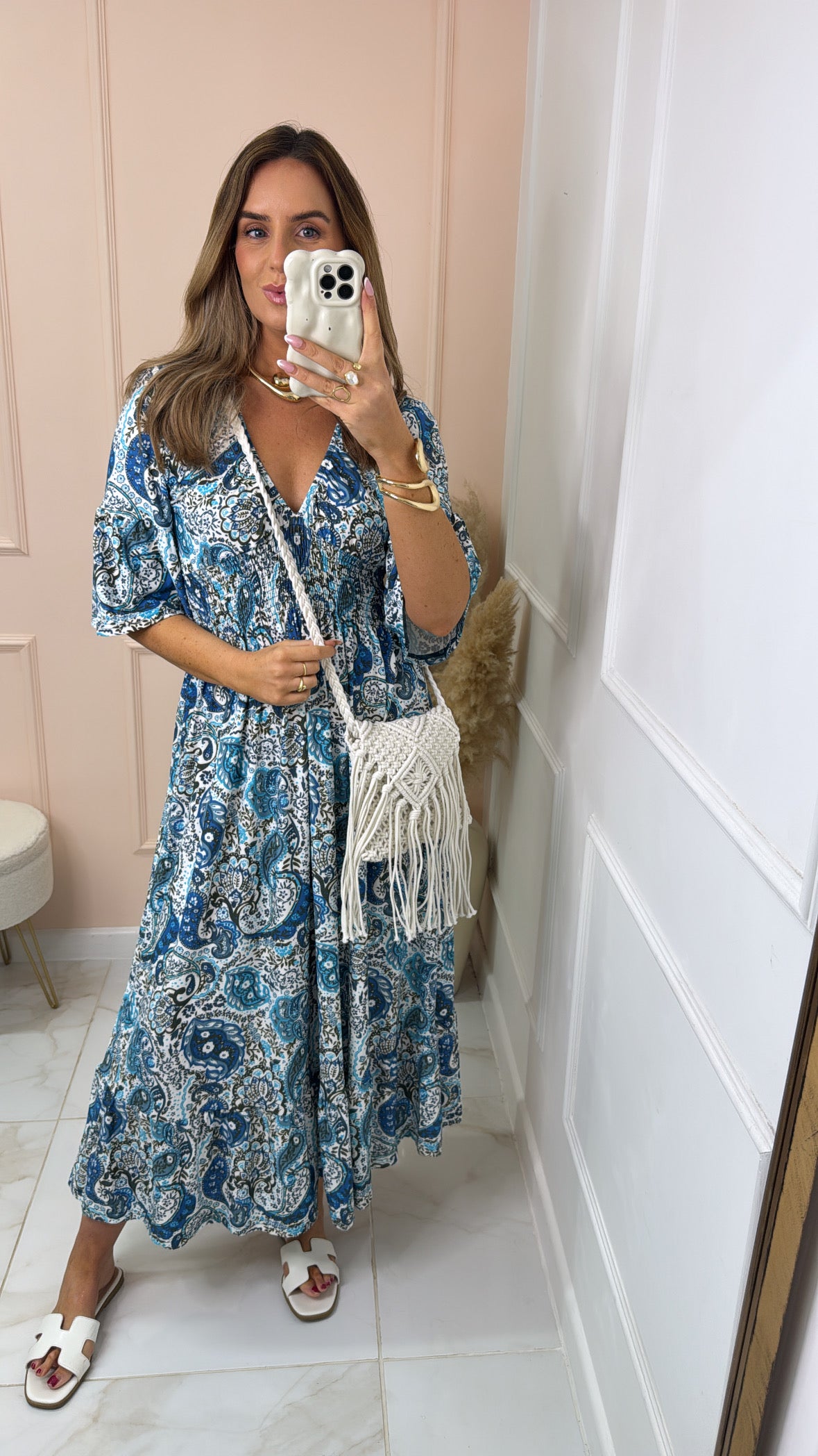 MAYA blue paisley Shirred waist boho dress