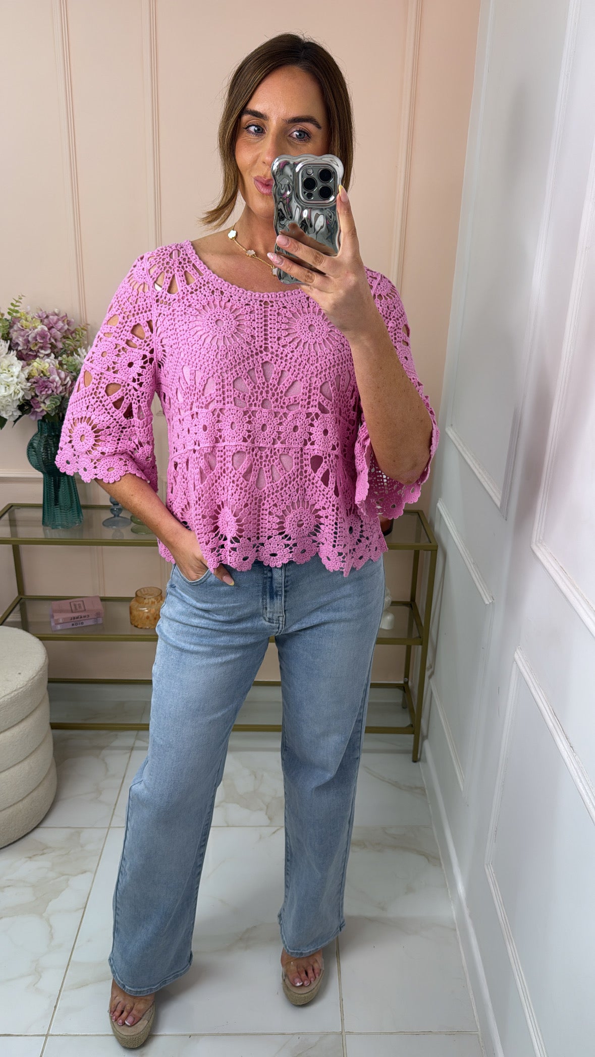 SHAE pink crochet top