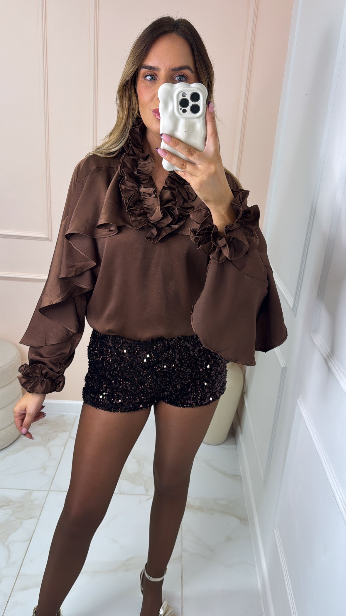 ARABELLA brown satin frill blouse
