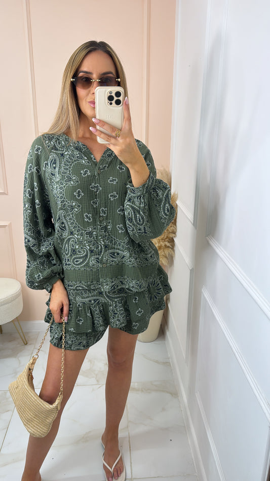 SHAE khaki bandana print skort set