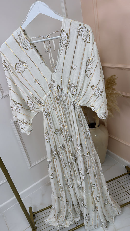 FLO ivory gold foil feather print maxi dress