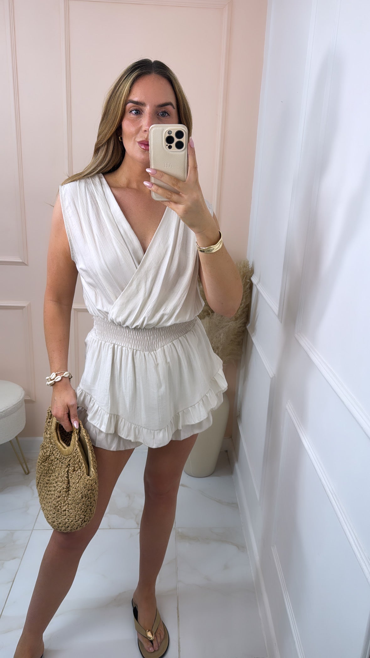 REMI beige crossover ruffle playsuit